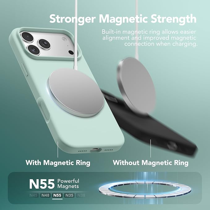 GONEZ Magnetic for iPhone 17 Pro Case, Compatible with MagSafe, [Screen Protector + Camera Lens Protector], Liquid Silicone Anti-Scratch Shockproof Protective Phone Case 6.3 inch, Mint Green