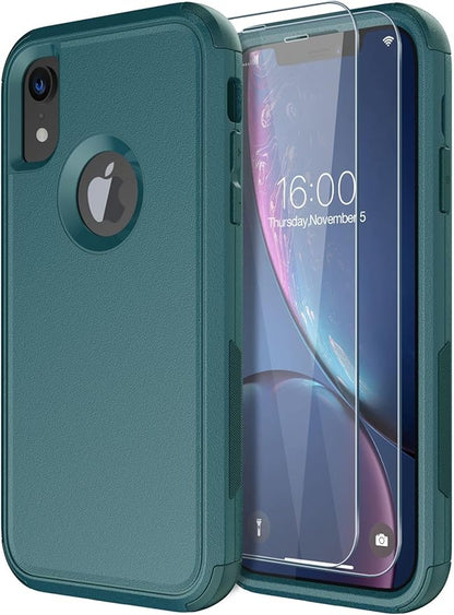 Diverbox Designed for iPhone Xr case with Screen Protector Heavy Duty Shockproof Shock-Resistant Cases for Apple iPhone Xr Phone (Dark Green+Screen Protector)