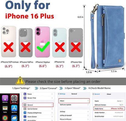 Wallet Case for iPhone 16 Plus with Card Holder/Crossbody Wallet/Strap| RFID Blocking | Magnetic | Kickstand | Detachable | PU Leather Phone Case for iPhone 16 Plus,6.7 in,Sky Blue