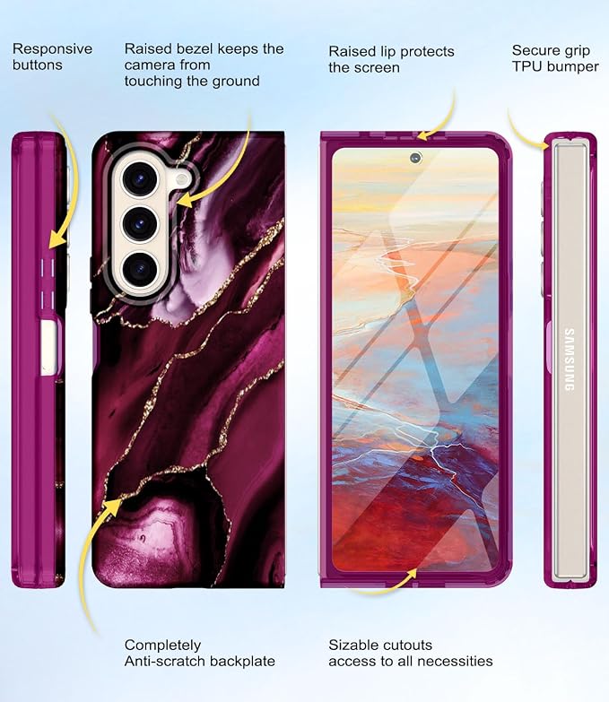 Btscase for Samsung Galaxy Z Fold 5 Case,Built in Front Screen Protector,Gold Glitter Marble Pattern Hard PC Slim Shockproof Full Body Drop Protective Case for Galaxy Z Fold 5 5G, Wine Red
