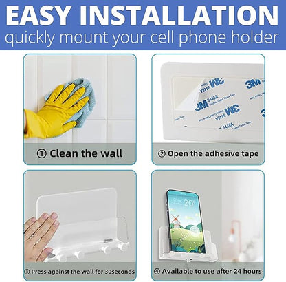 Clear Wall Mount Adhesive Phone Holder,Multi-Function Cell Phone Charging Brackets Holders,Hook for Living Room, Kitchen, Bathroom, Office,Compatible with Most Phones and Tablet