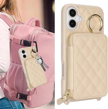 Crossbody Wallet Case for iPhone 17, PU Leather Zipper Handbag Purse Flip Cover, Kickstand Folio Case with Card Slots Holder Wrist Strap Lanyard 5G 6.3 Inch-White