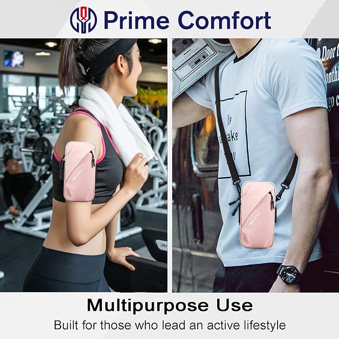 Prime Comfort Phone Holder, Small Crossbody Shoulder Holsters Bag with Arm Band, Fits iPhone and Android, Use for Running, Walking, Hiking & Biking (6.7 Inches, Pink)