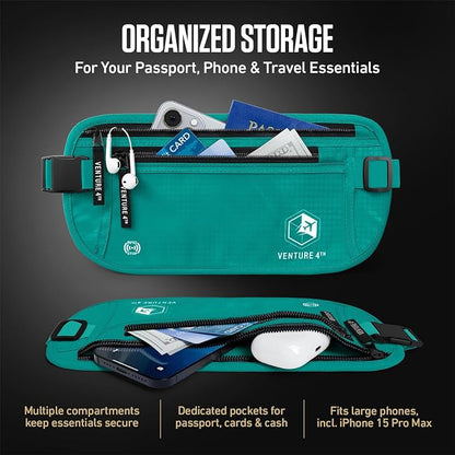 VENTURE 4TH Money Belt for Travel – Hidden Under-Clothes RFID Blocking Passport Holder & Slim Travel Wallet Pouch for Men & Women to Protect Cash, Cards & Documents (Turquoise)
