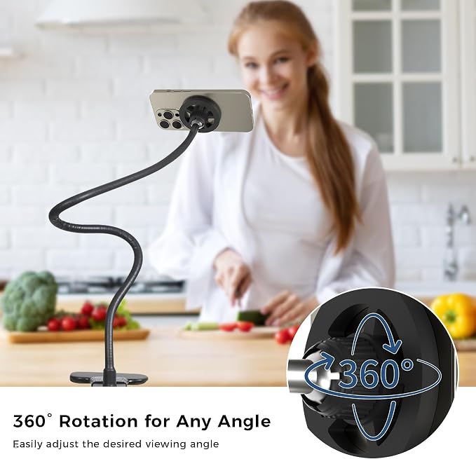 Magnetic Cell Phone Stand Holder for Bed Laying Down, Lazy Bedside Gooseneck Phone Mount with Clamp Clip for Desk, Desk Tripod for iPhone, Compatible with Magsafe All Smartphone