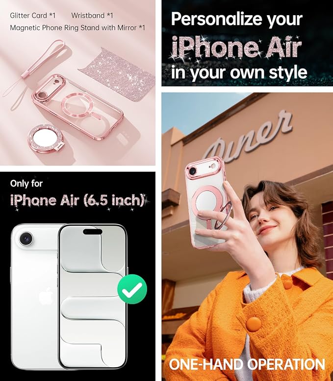 Meifigno Designed for iPhone Air Case with Ring Stand (6.5"), [Built-in Mirror] [Compatible with MagSafe] [Glitter Card & Wrist Strap] Removable Phone Stand +Designed for iPhone 17 Air Case, Rose Gold