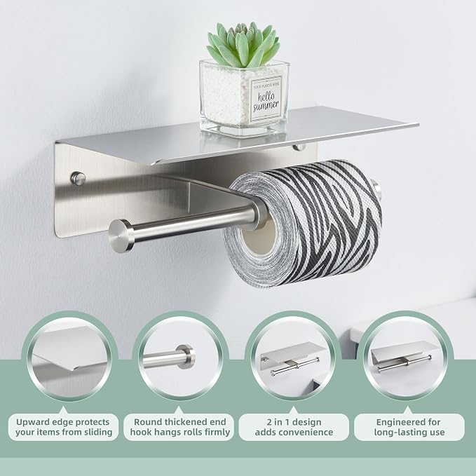 Double Toilet Paper Holder with Shelf Brushed Nickel, APLusee SUS 304 Stainless Steel Contemporary Tissue Roll Holder Mobile Phone Storage Rack