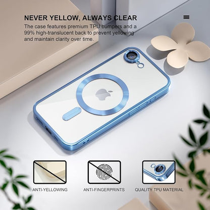 Misea Magnetic for iPhone 17e / 16e Case Compatible with MagSafe [Never Yellowing] [Military Grade Drop Protection] Full Camera Lens Protector Plating Soft Clear Phone Case for Women 6.1", Sierra Blue