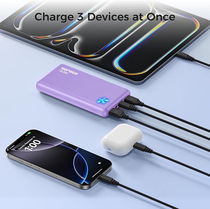 Portable Charger 10000mAh Ultra Slim Power Bank Lightweight Pocket-Sized Design 22.5W Output for iPhone 16/15/14 Samsung Galaxy Android Devices Travel Essentials（Purple）