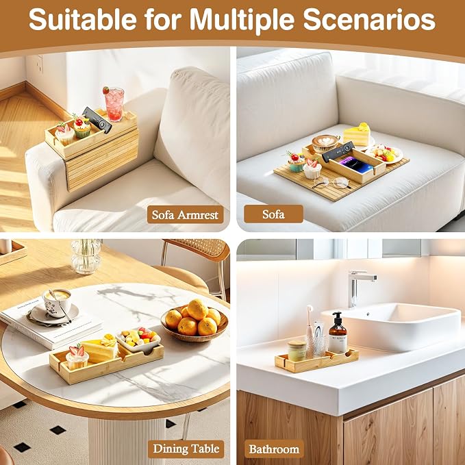 Luxspire Couch Armrest Table, 2-in-1 Magnetic Detachable Sofa Arm Tray with Cup Holder and Phone Holder, Foldable Bamboo Couch Cup Holder for Remote Controls, Phones, Snacks, Cups, Burlywood
