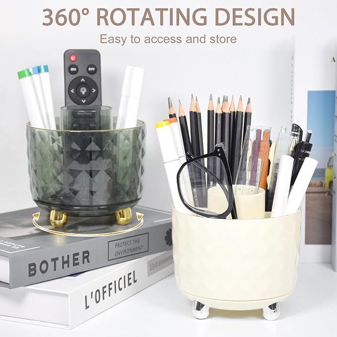 SAYEEC Pen Holder for Desk 6 Slots Rotating Makeup Brush Organizer Toothbrush Hair Brush Holder Versatile Desk Skin Care Cosmetic Organizer Pencil Cup Pot Art Supply Caddy for Vanity Office (Cream)
