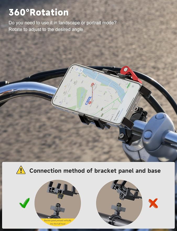 Tiakia Bike Phone Mount Holder, Aluminum Motorcycle Phone Mount, Handlebar Mounted Cell Phone Holder for Bike, 360° Rotation, Universal Bicycle Phone Mount for 4.5-7 Inch Phones (Upgrade-Black Red)