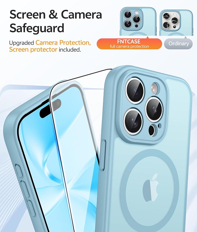 FNTCASE for iPhone 15 Pro Max Case, Fit for Magsafe, Glass Screen Protector | Full Camera Protection, Translucent Matte, 14FT Military Grade Drop Proof, Shockproof Protective Phone Cover, Teal