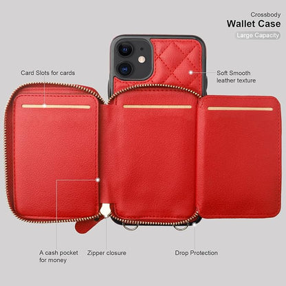 Bocasal Crossbody Wallet Case for iPhone 11, RFID Blocking PU Leather Zipper Handbag Purse Flip Cover, Kickstand Folio Case with Card Slots Holder Wrist Strap Lanyard 6.1 Inch (Red)