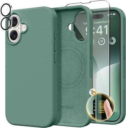 GONEZ Magnetic for iPhone 16 Case, Compatible with MagSafe, [Screen Protector + Camera Lens Protector], Liquid Silicone Shockproof Protective Phone Case for iPhone 16 6.1", Midnight Green