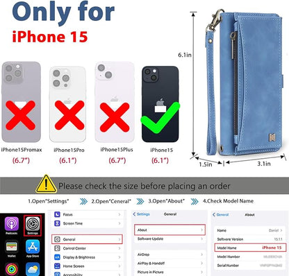 Wallet Case for iPhone 15 with Card Holder/Crossbody Wallet/Strap| RFID Blocking | Magnetic | Kickstand | Detachable | PU Leather Phone Case for iPhone 15,6.1 in,Sky Blue