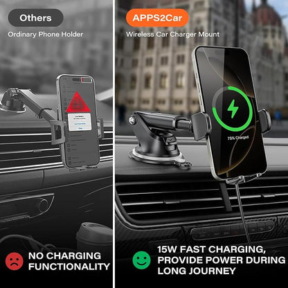 APPS2Car Suction Phone Mount Wireless Car Charger, 15W Dashboard Wireless Charger for Car, Compatible with iPhone, Samsung, LG and More