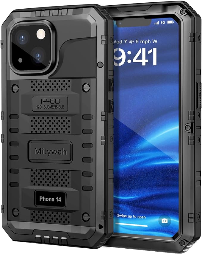 Mitywah Waterproof Case for iPhone 14, Heavy Duty Shockproof Case with Built-in Screen Protector, Full Body Underwater Protective Metal Case 6.1 inch, Black