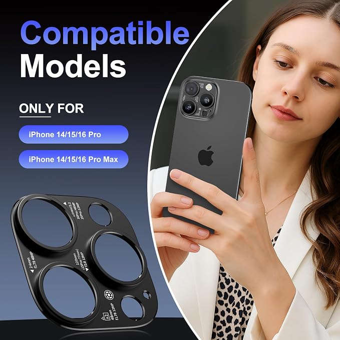 2025 Upgraded 2 PACK for iPhone 14/15/16 Pro & Pro Max Camera Lens Protector (No Glass Lens Coverage), Metal Cover with Engraved Camera Parameters- Black