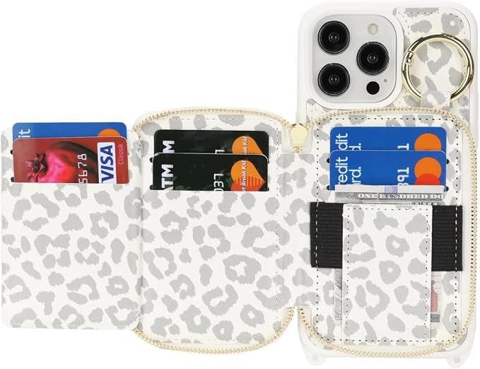 Crossbody Wallet Case for iPhone 14 Pro Max, PU Leather Zipper Handbag Purse Flip Cover, Kickstand Folio Case with Card Slots Holder Wrist Strap Lanyard 5G 6.7 Inch-White Leopard