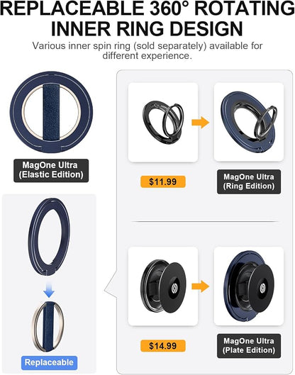 EWA MagOne Ultra for Magsafe Phone Grip Kickstand [Replaceable Elastic Finger Loop], Mag Safe Ring Holder Stand, Two-Sided Magnetic Phone Accessories for iPhone 17,16,15,14,13,12 Pro/Max/Plus-Blue