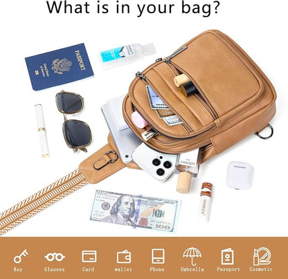 Leresas Sling Bag for Women Cross Body Purse Fanny Pack Sling Backpack Vegan Leather Over Shoulder Crossbody Handbag Travel Gifts Tan