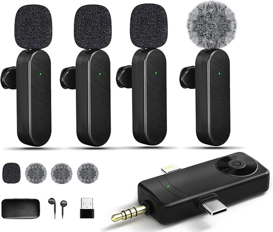 Wireless Lavalier Microphones Compatible for iPhone, Android Phone, Camera, Computer, Professional Wireless Mini Microphone for Video Recording, Vlog, YouTube, TikTok (4 Mics)