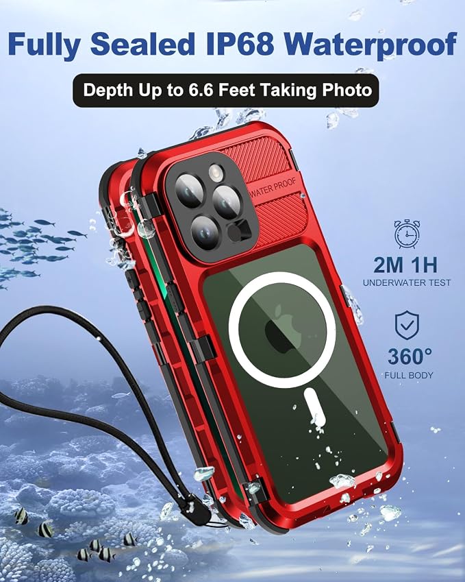 WIFORT for iPhone 13 Pro Max Waterproof Case, Metal Heavy Duty Phone Case Built-in Screen Protector IP68 Water Proof 15FT Military Grade Shockproof, Full Body Drop Protection Cover, 6.7" Red
