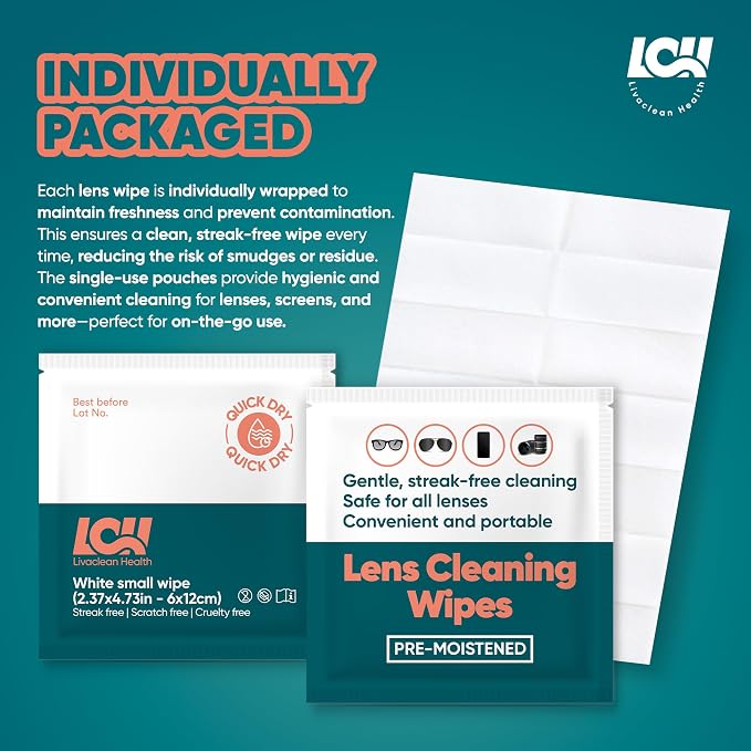 250 CT Lens Wipes for Eyeglasses - Pre-Moistened, Individually Wrapped Eye Glasses Cleaner Wipes - Streak-Free & Scratch-Free Glasses Wipes for Sunglasses, Camera Lenses & Phone Screen Wipes