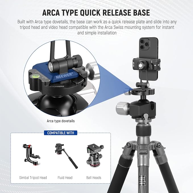 NEEWER Metal Phone Tripod Mount Adapter with Arca QR Base, Cold Shoe, 360° Swivel 180° Tilt, Phone Holder Compatible with iPhone 15 Pro Max Galaxy S24