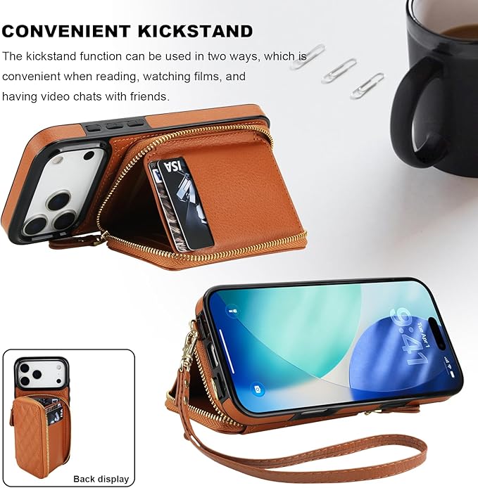 Bocasal Crossbody Wallet Case for iPhone 17 Pro Max, RFID Blocking PU Leather Zipper Handbag Purse Flip Cover, Kickstand Folio Case with Card Slots Holder Wrist Strap Lanyard 5G 6.9 Inch (Brown)