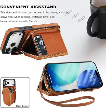 Bocasal Crossbody Wallet Case for iPhone 17 Pro Max, RFID Blocking PU Leather Zipper Handbag Purse Flip Cover, Kickstand Folio Case with Card Slots Holder Wrist Strap Lanyard 5G 6.9 Inch (Brown)