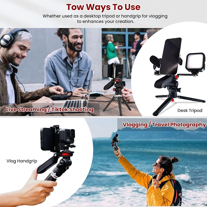 Mini Tripod for Camera, Small Camera Stand Tripod Phone Holder for Video Recording Vlogging Handle Grip with Cell Phone Mount, Cold Shoe Selfie Stick for iPhone Webcam Projector Camera