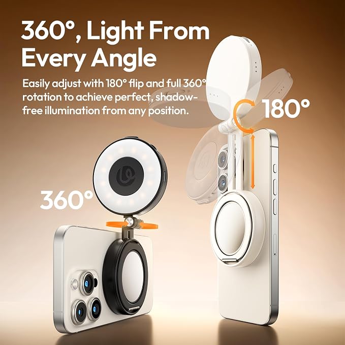 Magnetic Selfie Light, Upgraded ULANZI LM23 360° Phone Ring Light for iPhone Magsafe with Mirror & Stand, LED Phone Fill Lights for Selfies/Video Calls/Conference/Vlogging/Makeup - White
