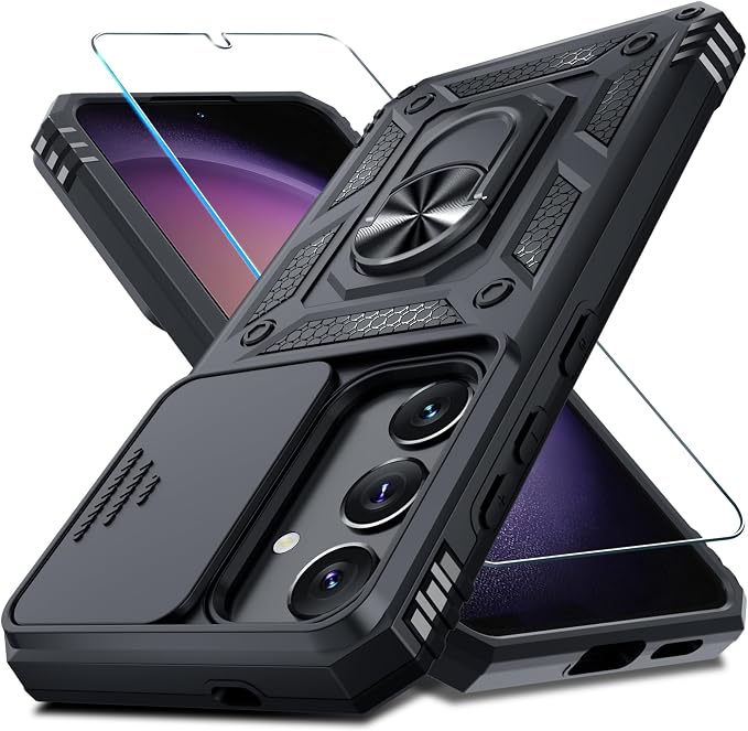 Janmitta Compatible with Samsung Galaxy S25 Plus/S24 Plus Case Built in Slide Camera Lens Cover+Screen Protector+Finger Ring Holder Kickstand,Heavy Duty Shockproof Full Body Phone Cover,Black