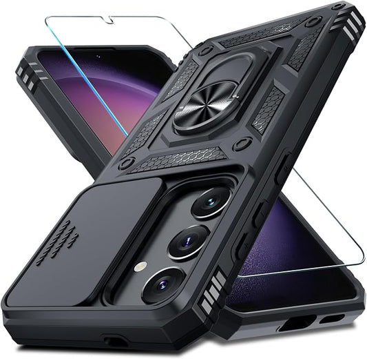 Janmitta Compatible with Samsung Galaxy S25 Plus/S24 Plus Case Built in Slide Camera Lens Cover+Screen Protector+Finger Ring Holder Kickstand,Heavy Duty Shockproof Full Body Phone Cover,Black