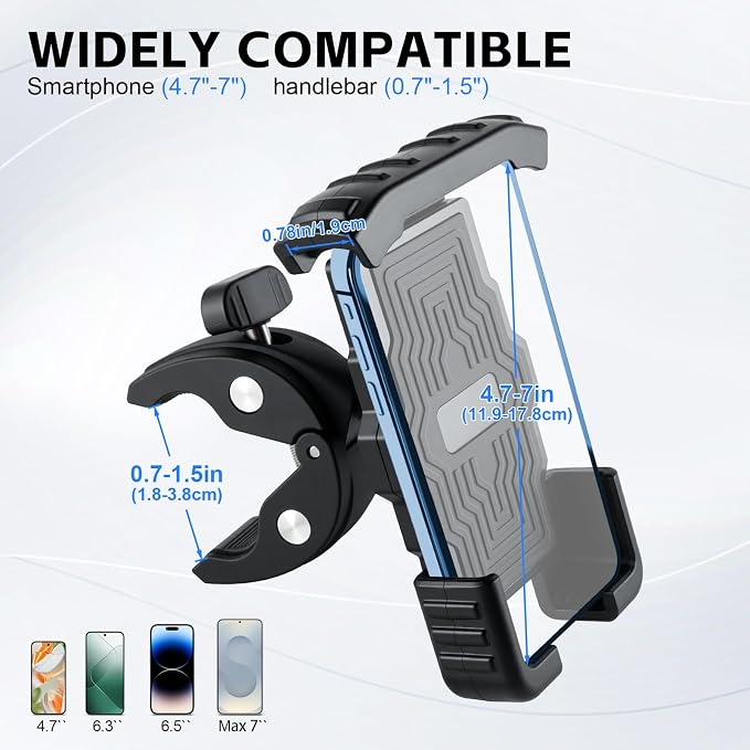 GaRhomxy Bike Phone Holder, Quick Release Motorcycle Phone Mount for Handlebar, Fits iPhone 17/16/15/14/13 Pro Max, Samsung S20 and All 4.7-7” Cell Phones, Universal Dirt Scooter Accessories, Black
