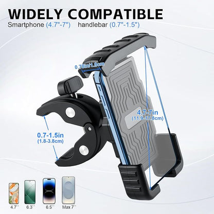 GaRhomxy Bike Phone Holder, Quick Release Motorcycle Phone Mount for Handlebar, Fits iPhone 17/16/15/14/13 Pro Max, Samsung S20 and All 4.7-7” Cell Phones, Universal Dirt Scooter Accessories, Black
