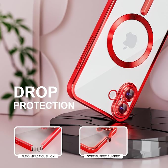 Misea Magnetic for iPhone 16 Case Compatible with MagSafe [Never Yellowing] [Military Grade Drop Protection] Full Camera Lens Protector Plating Soft Clear Phone Case for Women 6.1 inch, Red