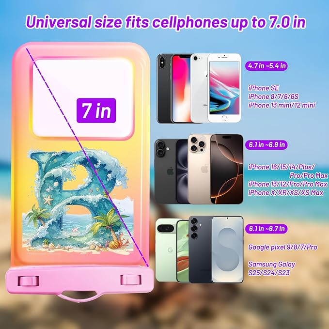 Personalized Initial Waterproof Phone Pouch Case - IPX8 Cellphone Dry Bag with Lanyard for iPhone 16/15/14/13/12 Pro Max (6.1–6.9"), Beach & Cruise Ship Essentials with Monogrammed Design (Pink, B)