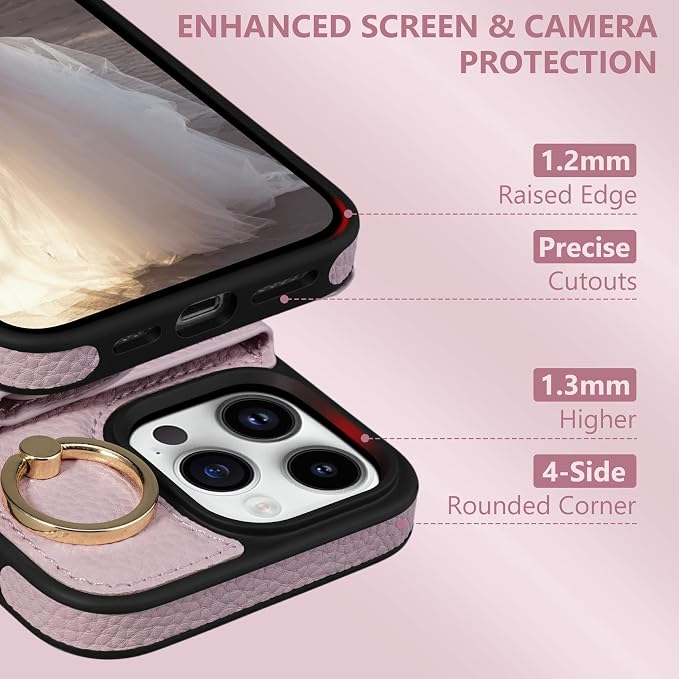 Keallce Wallet Case for iPhone 14 Pro Max 6.7'', Flip Case with Card Slots, Ring Holder Kickstand, PU Leather Protective Folio Cover for Women, Pink