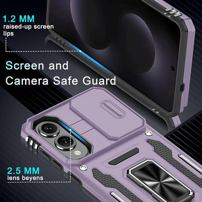 DEERLAMN Case for Samsung Galaxy S25 Edge with Slide Camera Cover+Screen Protector (1 Pack), Rotated Ring Kickstand Military Grade Shockproof Protective Cover-Deep Purple