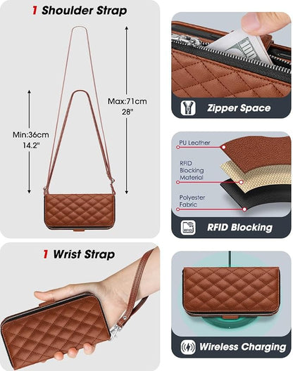 OCASE for iPhone 17 Pro Crossbody Wallet Case - Stylish PU Leather Handbag Phone Purse with Zipper Closure, Card Slots & RFID Blocking - Wrist Strap, Lanyard, Kickstand - Diamond Check Brown