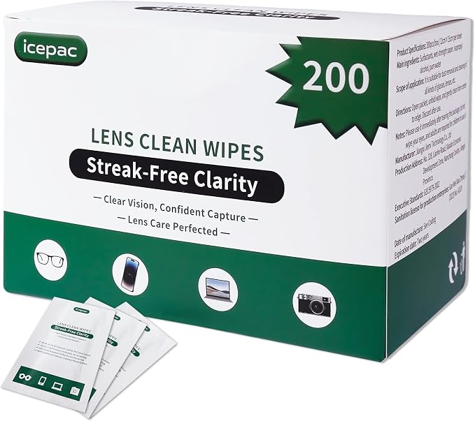 Icepac Lens Wipes for Eyeglasses - 200-Moistened Individual Wrapped Eye Glasses Cleaning Wipes | 5x6 Inches -Cleaner for Glasses, Sunglasses, Phone Screen, Electronics & Camera Lens