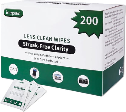Icepac Lens Wipes for Eyeglasses - 200-Moistened Individual Wrapped Eye Glasses Cleaning Wipes | 5x6 Inches -Cleaner for Glasses, Sunglasses, Phone Screen, Electronics & Camera Lens
