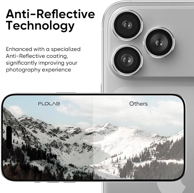 FLOLAB NanoArmour Anti-Reflective for iPhone 17 Pro Max/iPhone 17 Pro Camera Lens Protector - Durable Tempered Glass with Aluminum Ring, TruColors, Ultra Clear, Easy Install - Silver