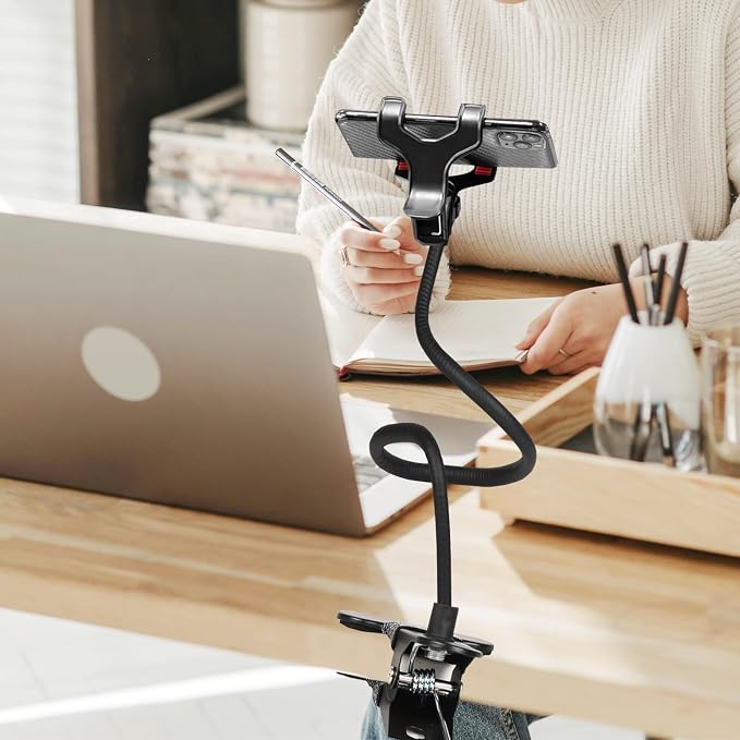 Cell Phone Holder Gooseneck Mount, Universal Lazy Bracket Flexible Long Arm Clamp Clip Phone Stand for Bed,360 Adjustable DIY Flexible Grip Desktop Mobile Phone Stand for All 4-7” Devices