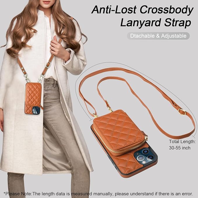 Bocasal Crossbody Wallet Case for iPhone 13 Pro Max, RFID Blocking PU Leather Zipper Handbag Purse Flip Cover, Kickstand Folio Case with Card Slots Holder Wrist Strap Lanyard 5G 6.7 Inch (Brown)