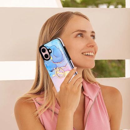 HAOPINSH for iPhone 16 Wallet Case with Card Holder, 360°Rotation Ring Kickstand, Pink Blue Marble Pattern, RFID Blocking Leather for Girls Women, Double Buttons Protective Cover 6.1"