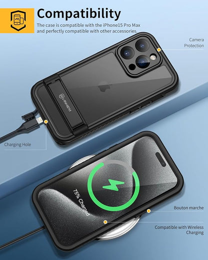 Lanhiem for iPhone 15 Pro Max Case with Kickstand, IP68 Waterproof Dustproof Built-in Screen Protector, Full Body Shockproof Protective Front and Back Cover for iPhone 15 Pro Max, 6.7 Inch (Black)